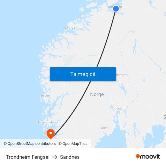 Trondheim Fengsel to Sandnes map