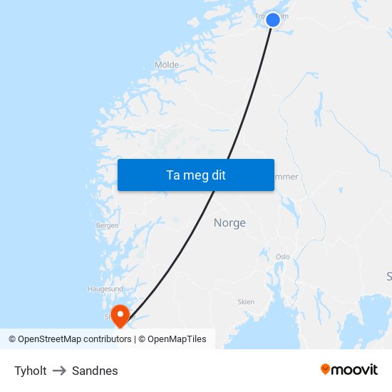 Tyholt to Sandnes map