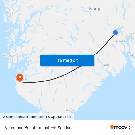 Vikersund Bussterminal to Sandnes map