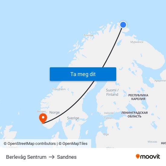 Berlevåg Sentrum to Sandnes map