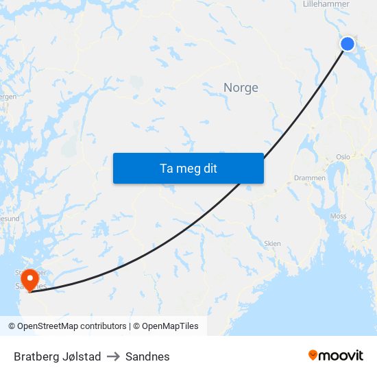 Bratberg Jølstad to Sandnes map