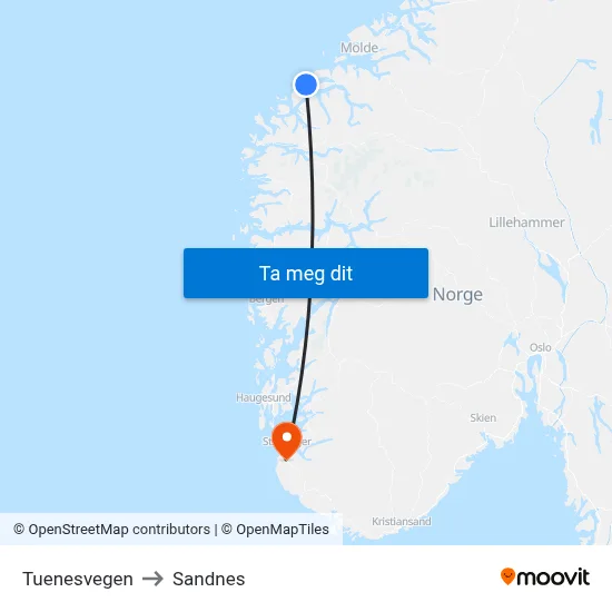 Tuenesvegen to Sandnes map