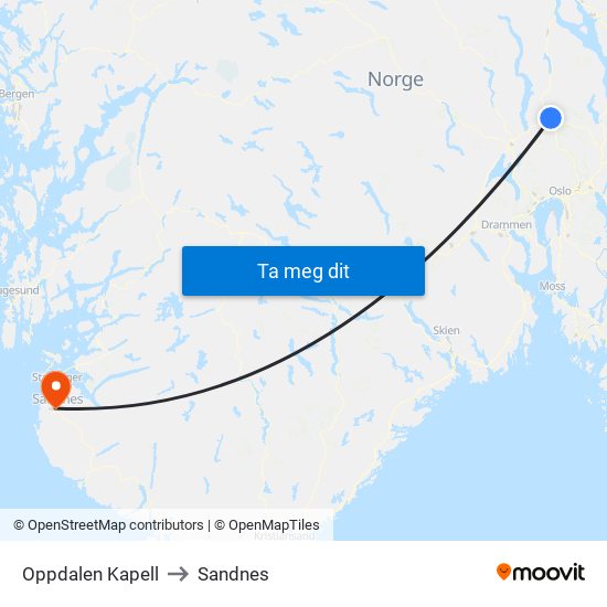 Oppdalen Kapell to Sandnes map