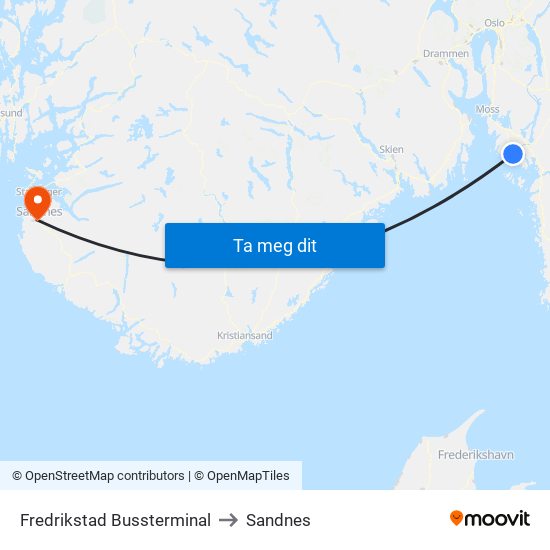 Fredrikstad Bussterminal to Sandnes map