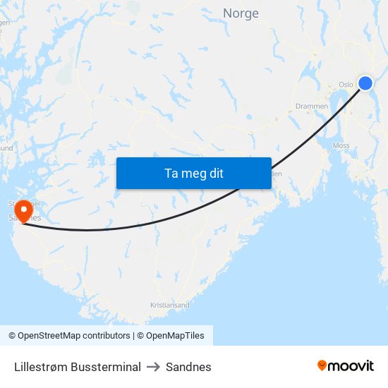 Lillestrøm Bussterminal to Sandnes map