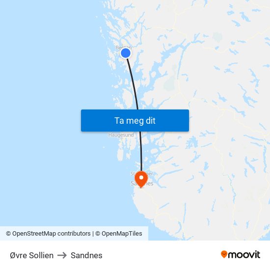 Øvre Sollien to Sandnes map