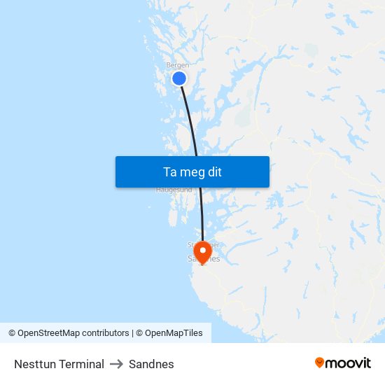 Nesttun Terminal to Sandnes map