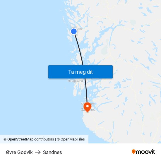 Øvre Godvik to Sandnes map