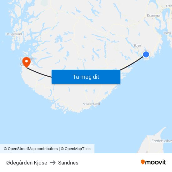 Ødegården Kjose to Sandnes map