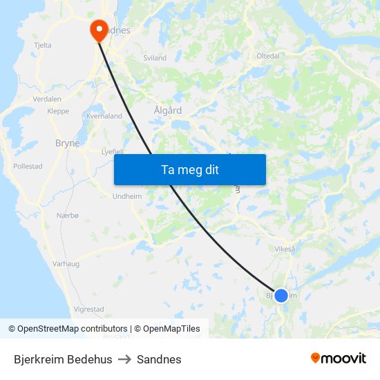 Bjerkreim Bedehus to Sandnes map