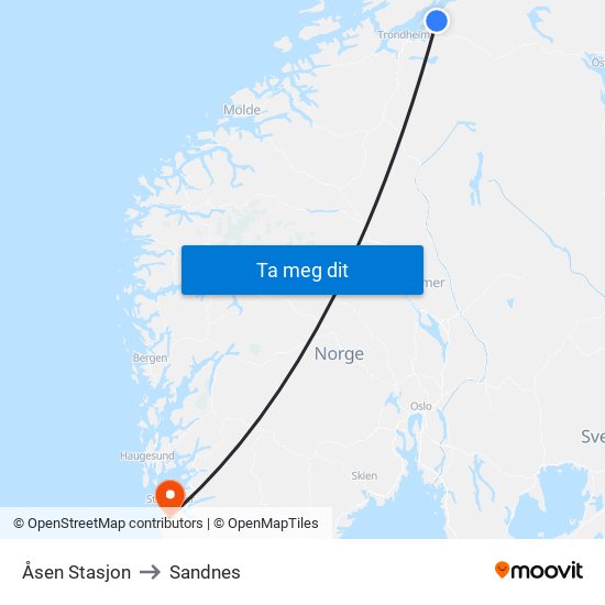 Åsen Stasjon to Sandnes map