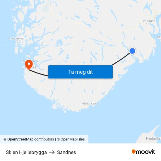 Skien Hjellebrygga to Sandnes map