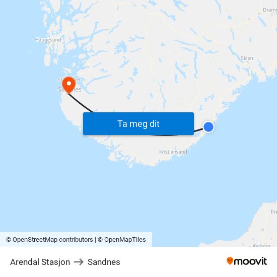 Arendal Stasjon to Sandnes map