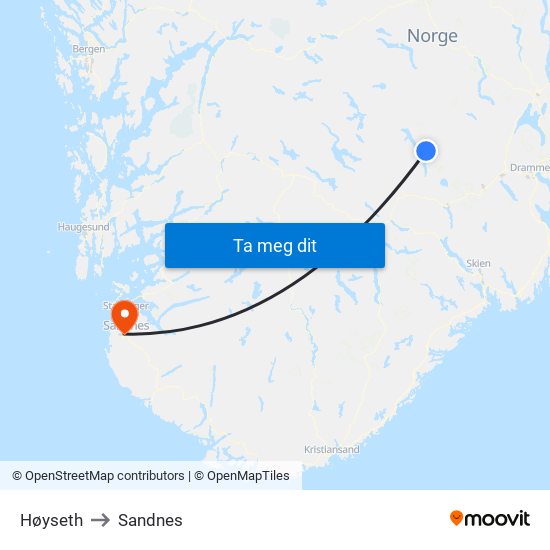 Høyseth to Sandnes map