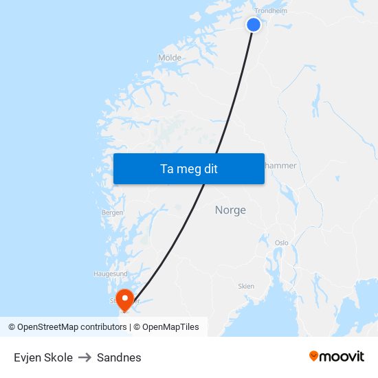 Evjen Skole to Sandnes map