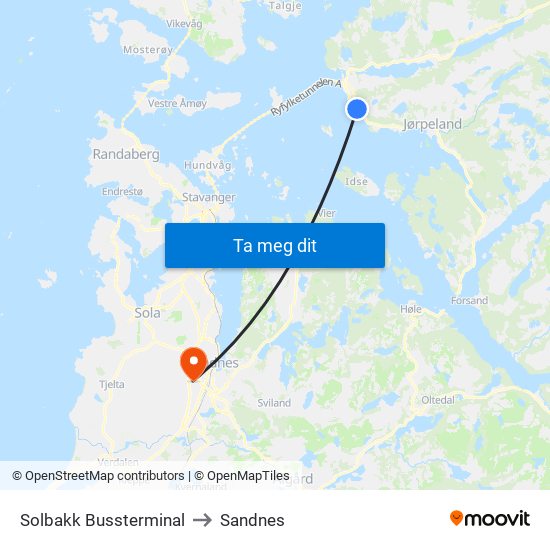 Solbakk Bussterminal to Sandnes map