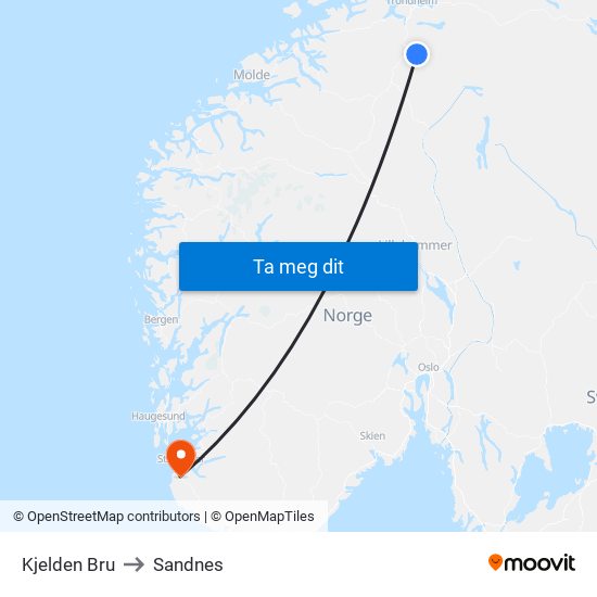 Kjelden Bru to Sandnes map