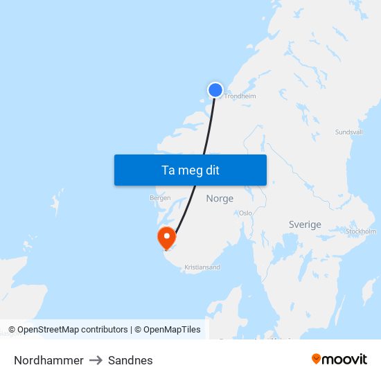 Nordhammer to Sandnes map