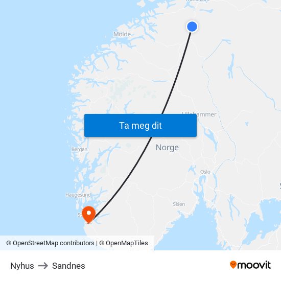Nyhus to Sandnes map