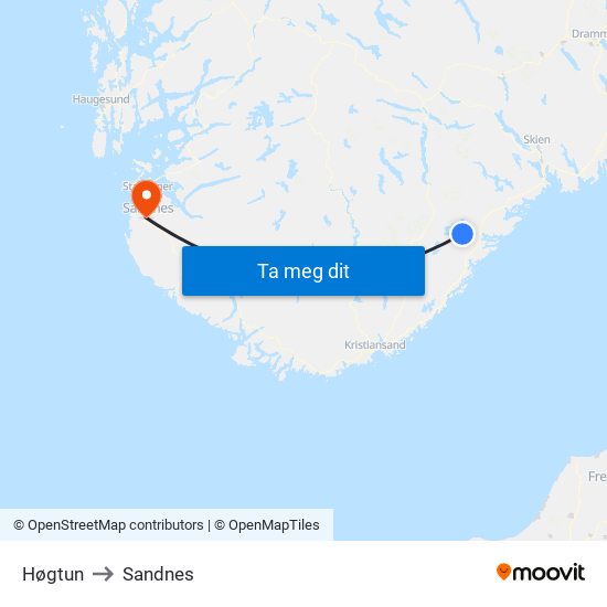 Høgtun to Sandnes map