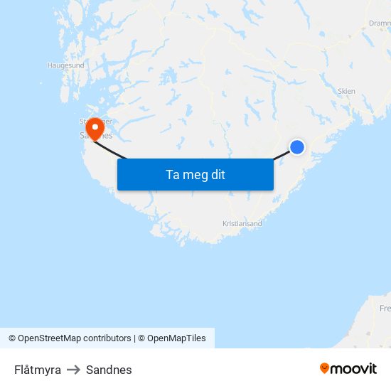 Flåtmyra to Sandnes map