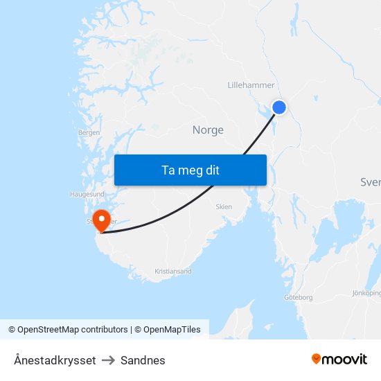 Ånestadkrysset to Sandnes map