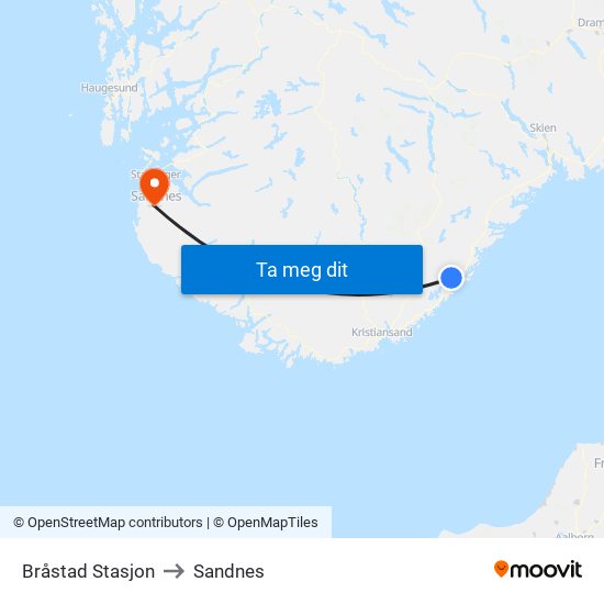 Bråstad Stasjon to Sandnes map