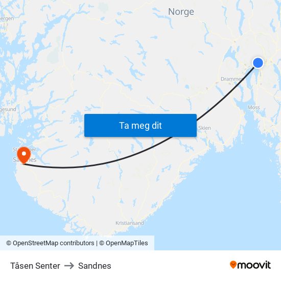 Tåsen Senter to Sandnes map