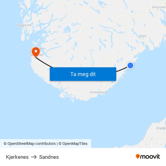 Kjerkenes to Sandnes map