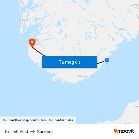 Brårvik Vest to Sandnes map