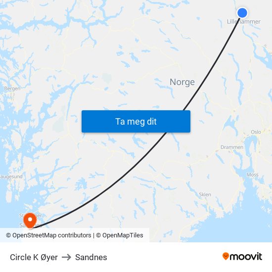 Circle K Øyer to Sandnes map