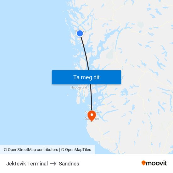 Jektevik Terminal to Sandnes map