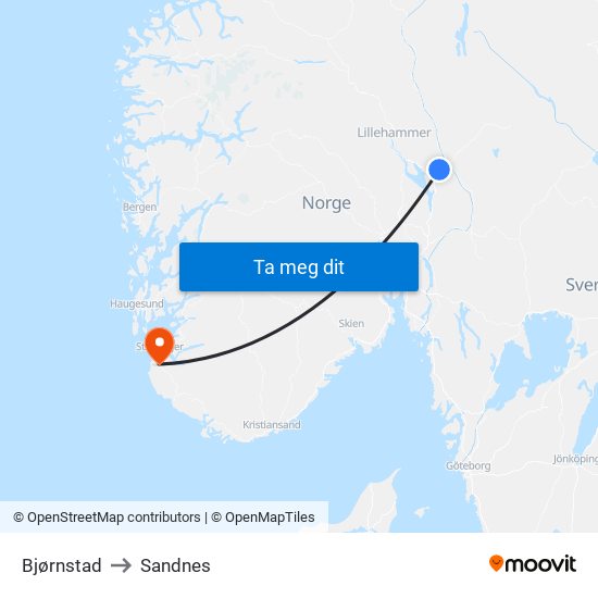 Bjørnstad to Sandnes map