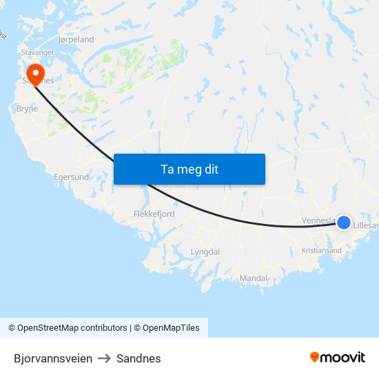 Bjorvannsveien to Sandnes map