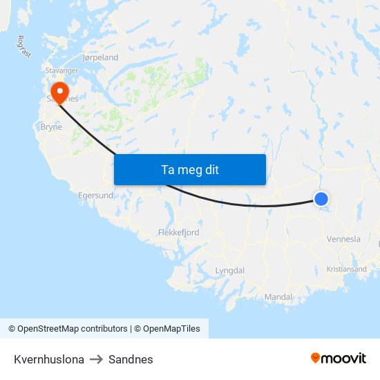 Kvernhuslona to Sandnes map