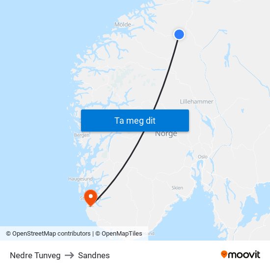 Nedre Tunveg to Sandnes map