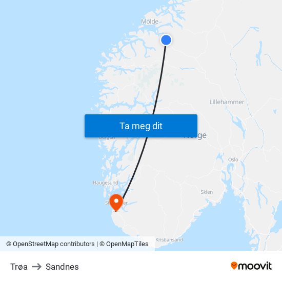 Trøa to Sandnes map