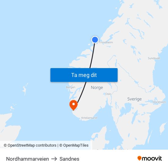 Nordhammarveien to Sandnes map
