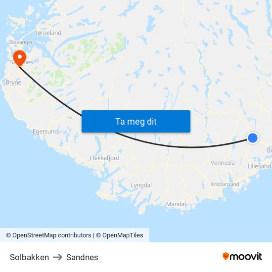 Solbakken to Sandnes map