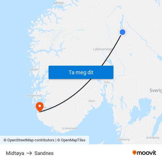 Midtøya to Sandnes map