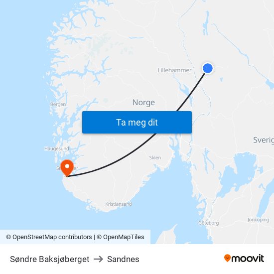 Søndre Baksjøberget to Sandnes map