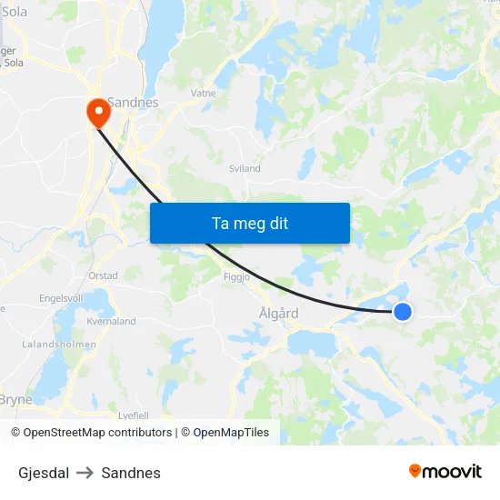 Gjesdal to Sandnes map