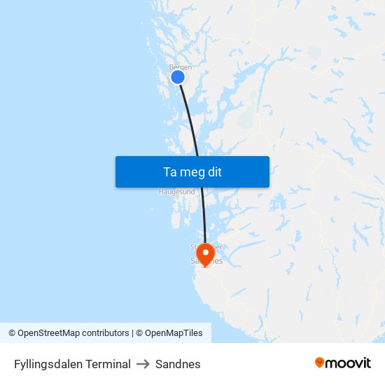 Fyllingsdalen Terminal to Sandnes map