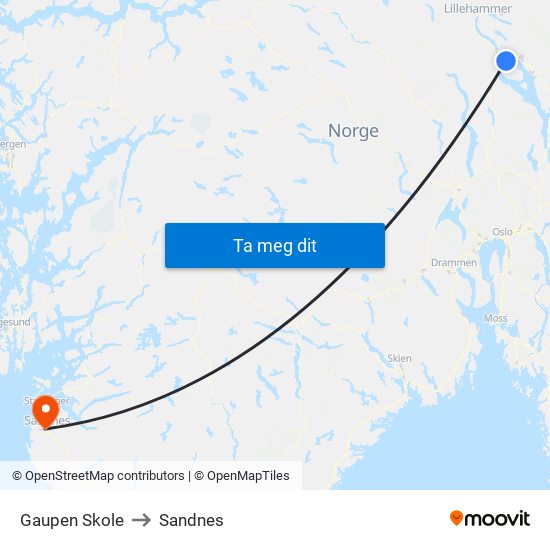 Gaupen Skole to Sandnes map