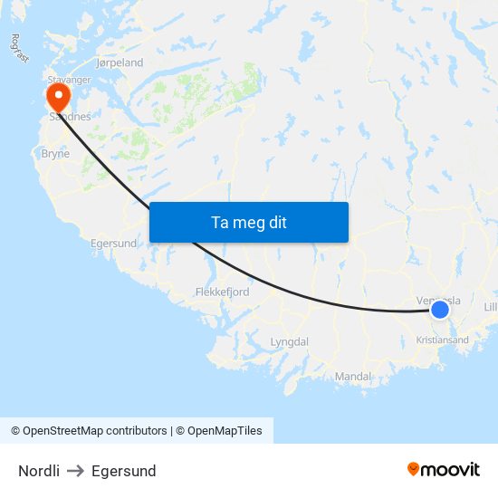 Nordli to Egersund map