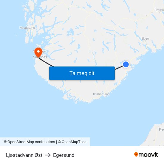 Ljøstadvann Øst to Egersund map