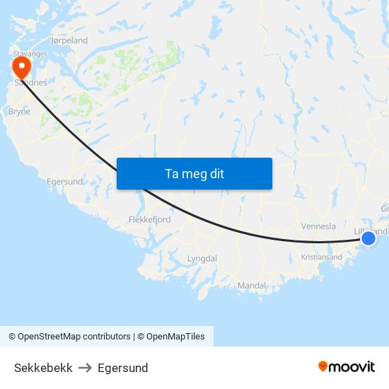 Sekkebekk to Egersund map