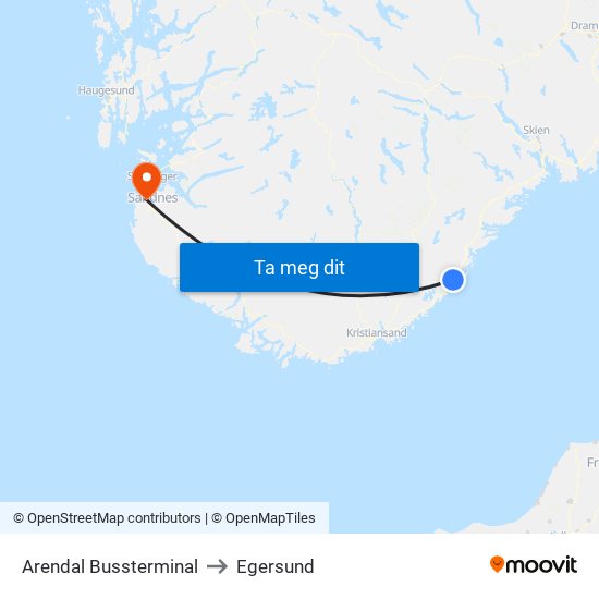 Arendal Bussterminal to Egersund map