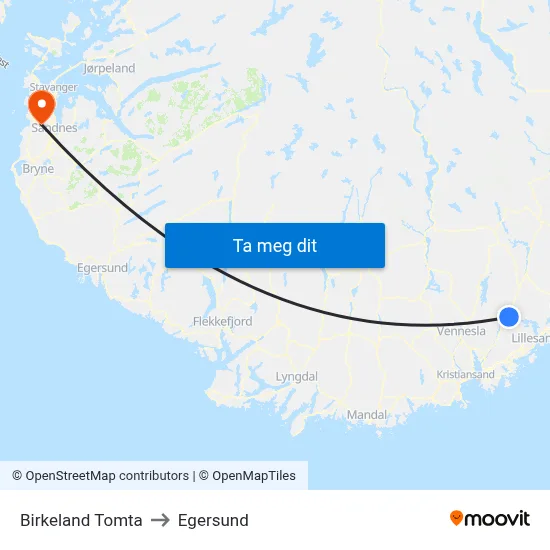 Birkeland Tomta to Egersund map