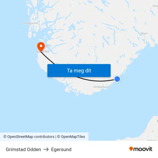 Grimstad Odden to Egersund map